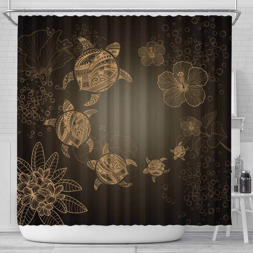 Hawaiian Plumeria Hibiscus Turtle Under Sea Polynesian Shower Curtain Gold AH 177 x 172 (cm) Black - Polynesian Pride