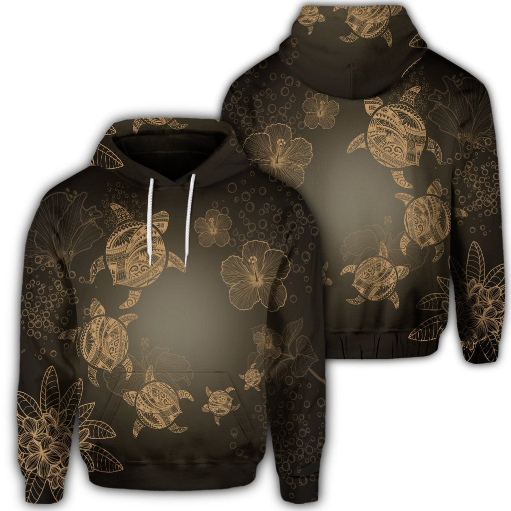 Hawaiian Plumeria Hibiscus Turtle Under Sea Polynesian Hoodie Gold Unisex Art - Polynesian Pride