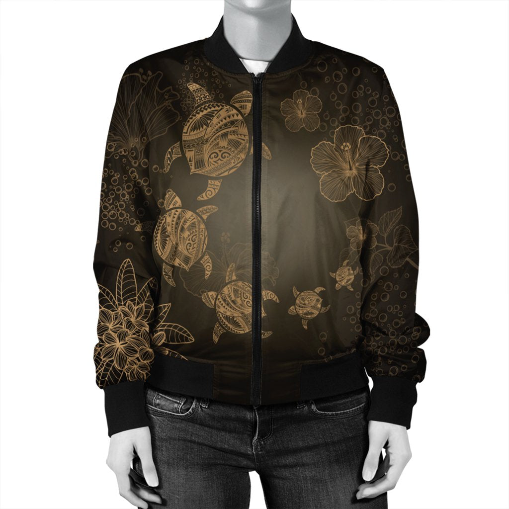 Hawaiian Plumeria Hibiscus Turtle Under Sea Polynesian Bomber Jacket Gold AH - Polynesian Pride