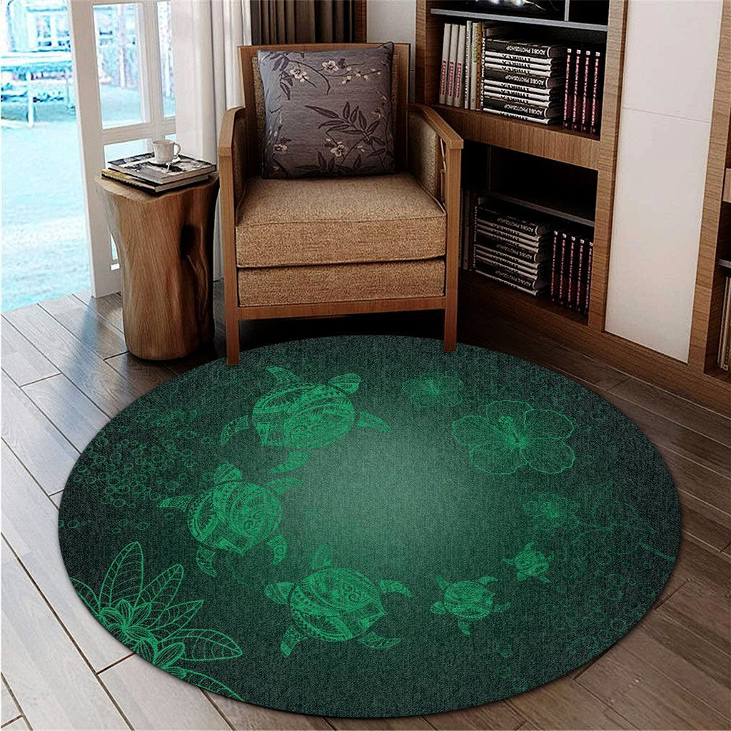 Hawaiian Plumeria Hibiscus Turtle Under Sea Polynesian Round Carpet Green AH - Polynesian Pride
