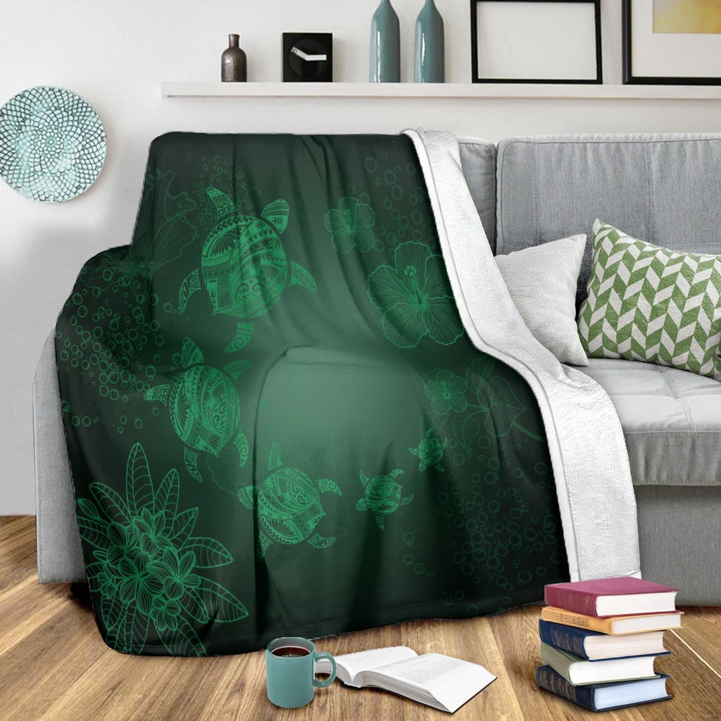 Hawaiian Plumeria Hibiscus Turtle Under Sea Polynesian Premium Blankets Green AH - Polynesian Pride