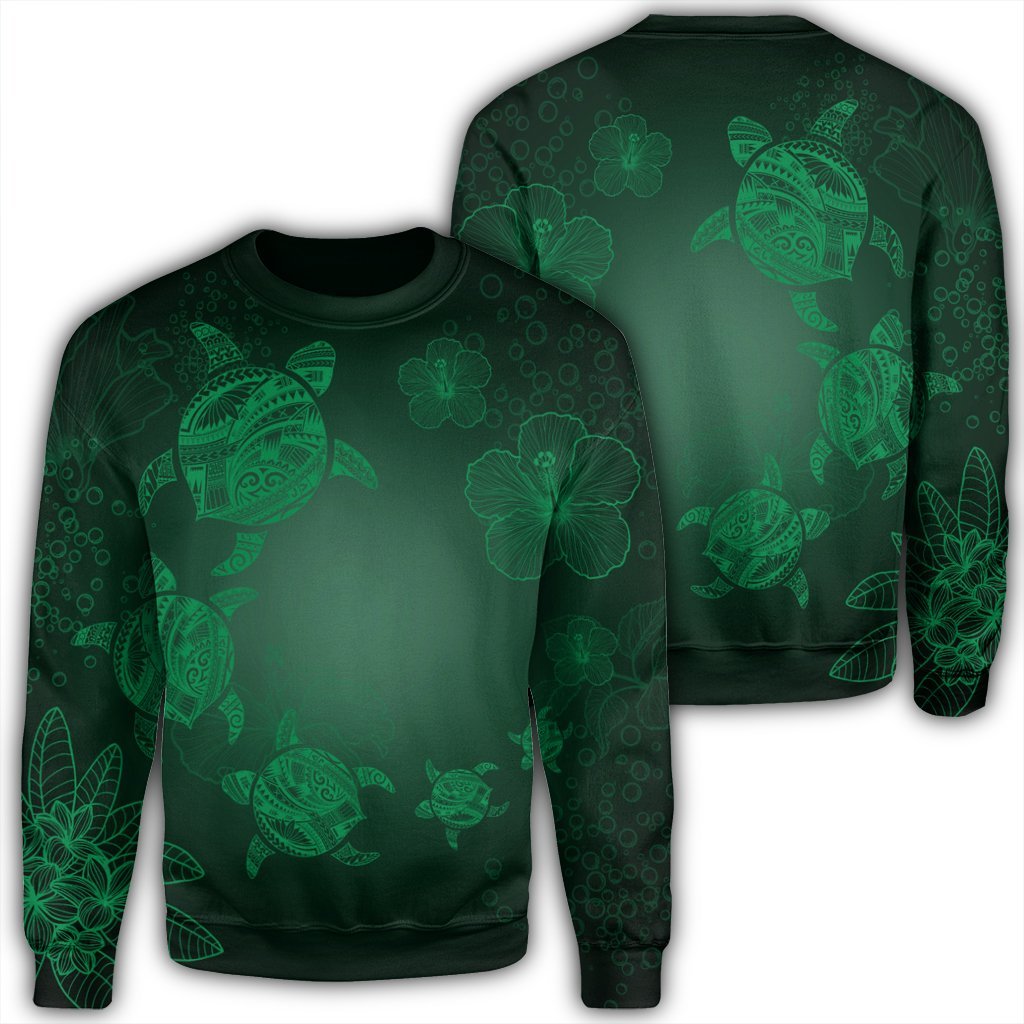 Hawaiian Plumeria Hibiscus Turtle Under Sea Polynesian Sweatshirt Green AH Unisex Black - Polynesian Pride