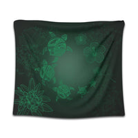 Hawaiian Plumeria Hibiscus Turtle Under Sea Polynesian Tapestry Green AH Wall Tapestry Black - Polynesian Pride