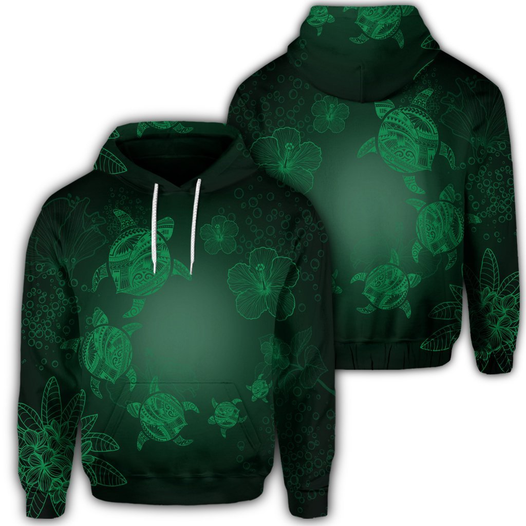 Hawaiian Plumeria Hibiscus Turtle Under Sea Polynesian Hoodie Green Unisex Art - Polynesian Pride