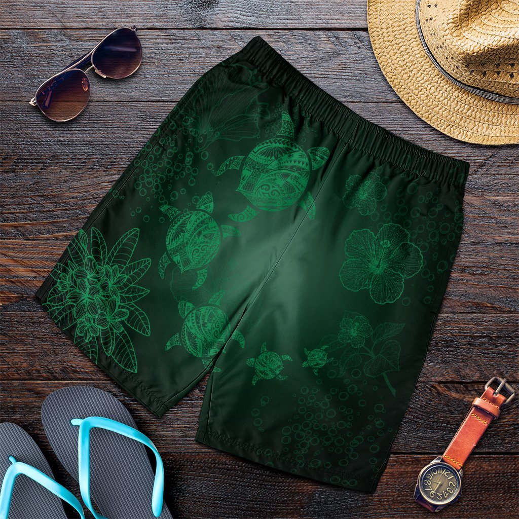 Hawaiian Plumeria Hibiscus Turtle Under Sea Polynesian Men's Shorts Green AH Art - Polynesian Pride