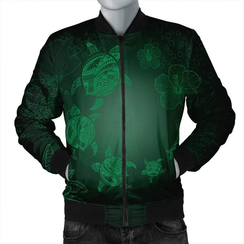 Hawaiian Plumeria Hibiscus Turtle Under Sea Polynesian Bomber Jacket Green AH Black Unisex - Polynesian Pride