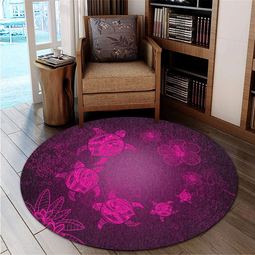 Hawaiian Plumeria Hibiscus Turtle Under Sea Polynesian Round Carpet Pink AH - Polynesian Pride