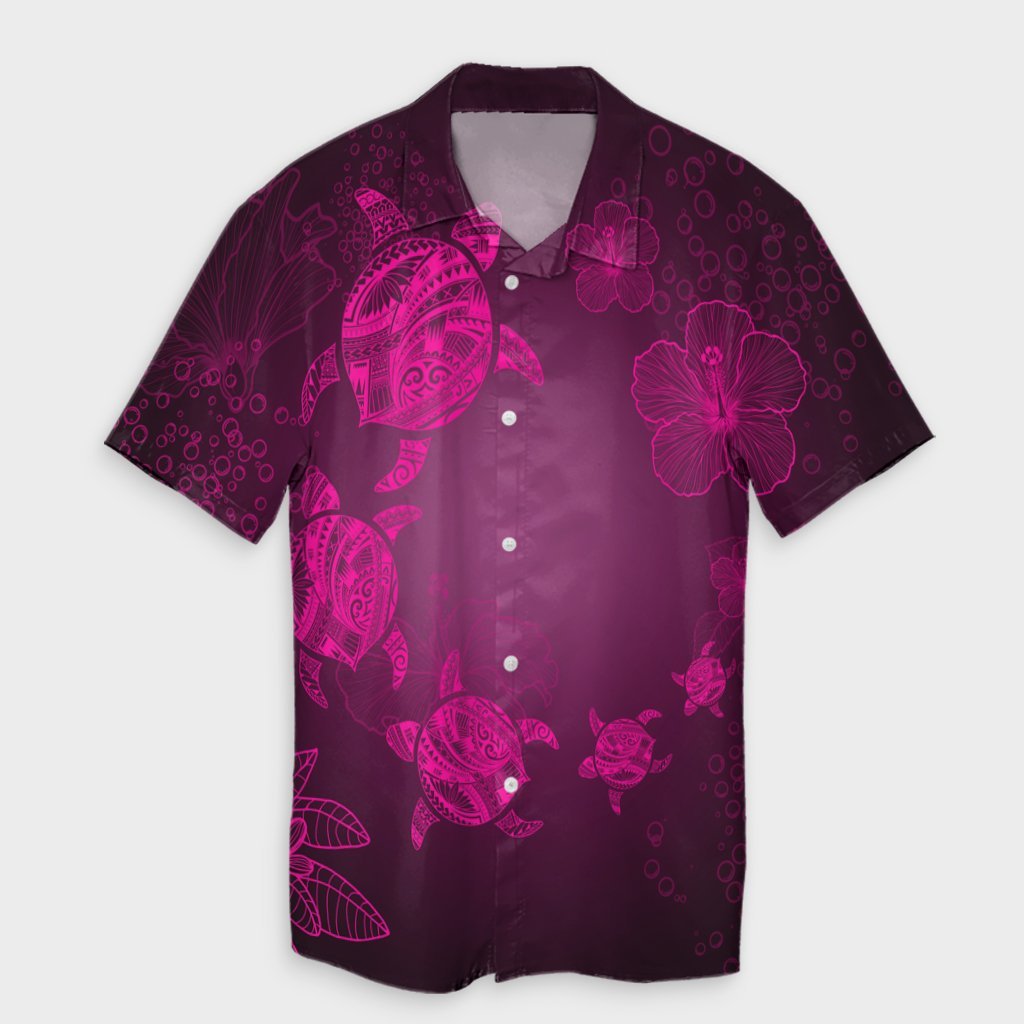 Hawaiian Plumeria Hibiscus Turtle Under Sea Polynesian Hawaiian Shirt Pink AH Unisex Black - Polynesian Pride