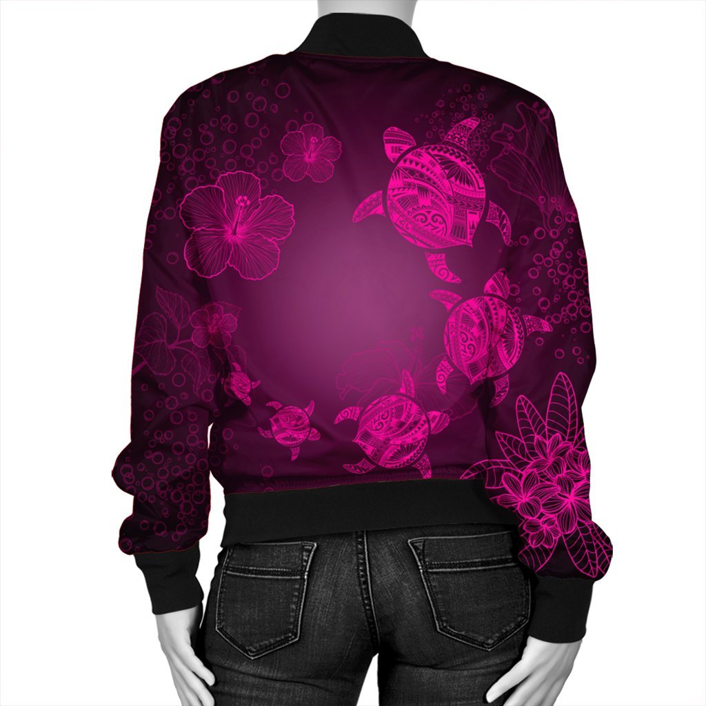 Hawaiian Plumeria Hibiscus Turtle Under Sea Polynesian Bomber Jacket Pink AH - Polynesian Pride