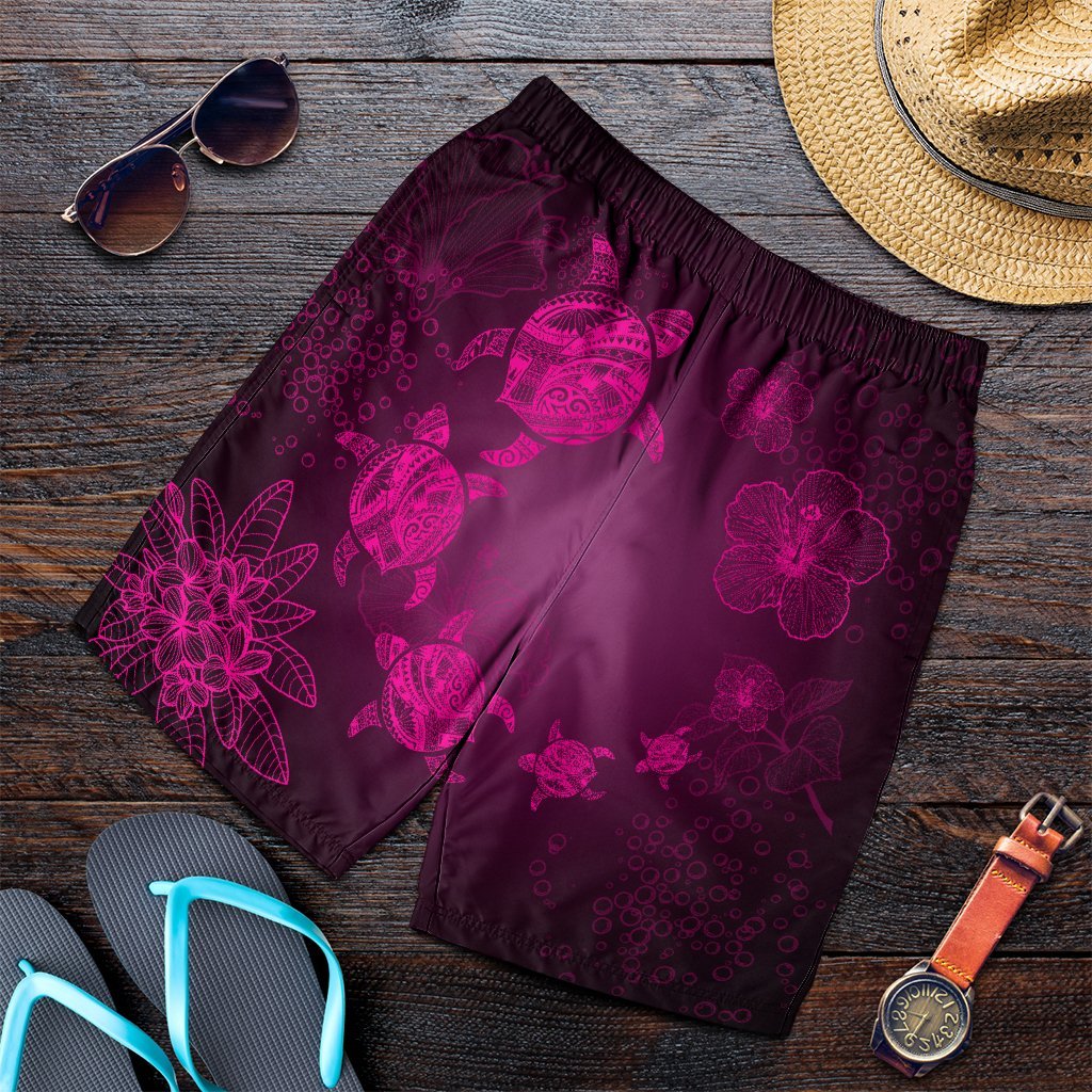 Hawaiian Plumeria Hibiscus Turtle Under Sea Polynesian Men's Shorts Pink AH Art - Polynesian Pride