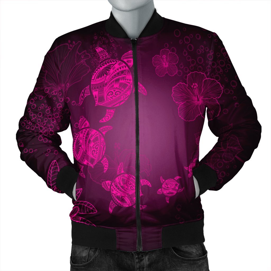 Hawaiian Plumeria Hibiscus Turtle Under Sea Polynesian Bomber Jacket Pink AH Black Unisex - Polynesian Pride