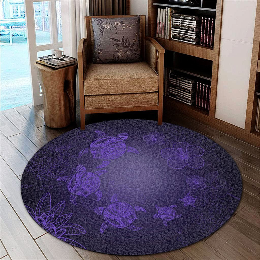 Hawaiian Plumeria Hibiscus Turtle Under Sea Polynesian Round Carpet Purple AH - Polynesian Pride