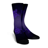 Hawaiian Plumeria Hibiscus Turtle Under Sea Polynesian Crew Socks Purple AH - Polynesian Pride