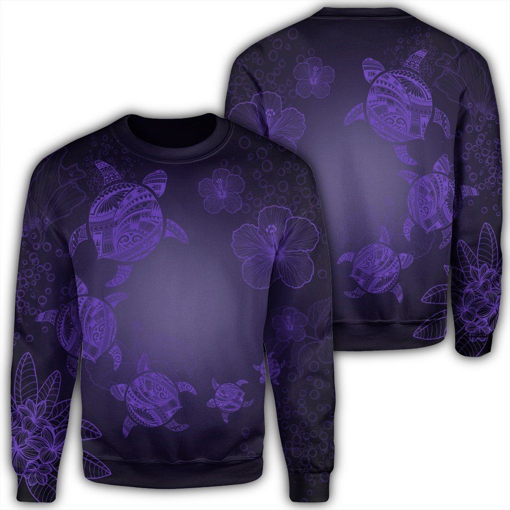 Hawaiian Plumeria Hibiscus Turtle Under Sea Polynesian Sweatshirt Purple AH Unisex Black - Polynesian Pride