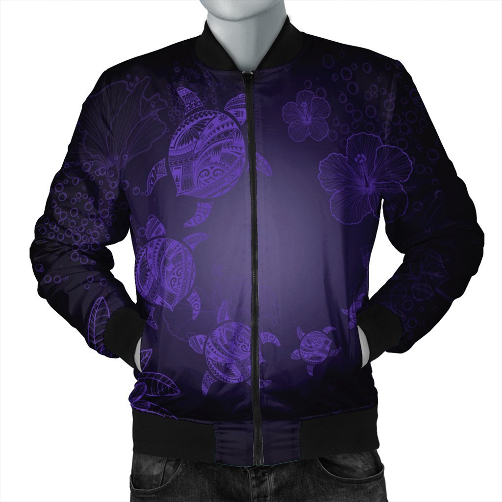 Hawaiian Plumeria Hibiscus Turtle Under Sea Polynesian Bomber Jacket Purple AH Black Unisex - Polynesian Pride