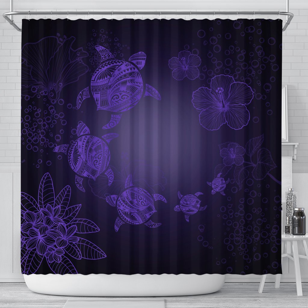 Hawaiian Plumeria Hibiscus Turtle Under Sea Polynesian Shower Curtain Purple AH 177 x 172 (cm) Black - Polynesian Pride