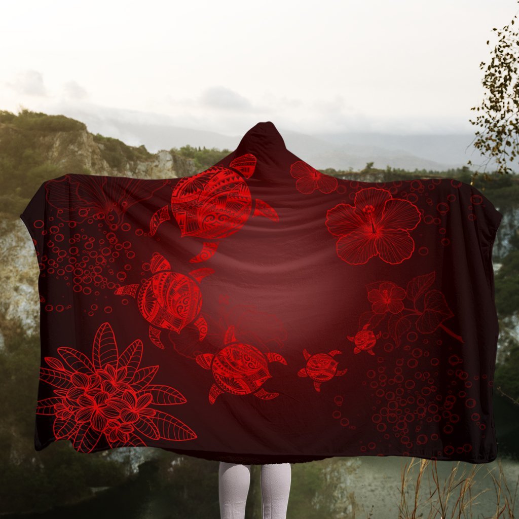 Hawaiian Plumeria Hibiscus Turtle Under Sea Polynesian Hooded Blanket Red AH - Polynesian Pride