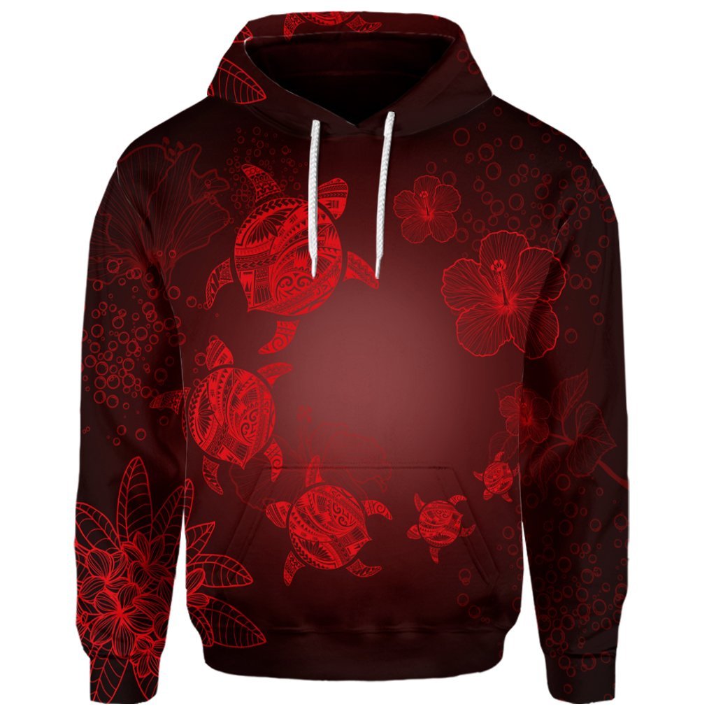 Custom Hawaiian Plumeria Hibiscus Turtle Under Sea Polynesian Hoodie Red - Polynesian Pride