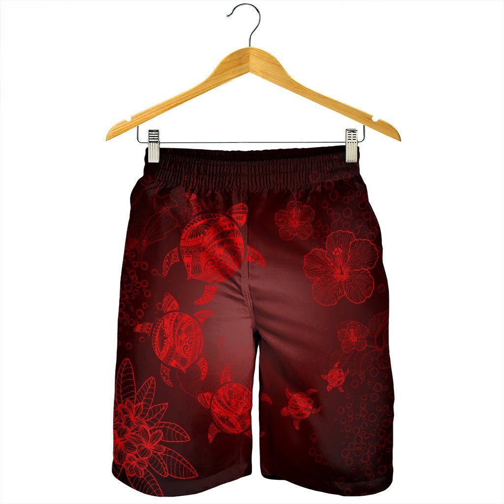 Hawaiian Plumeria Hibiscus Turtle Under Sea Polynesian Men's Shorts Red AH - Polynesian Pride