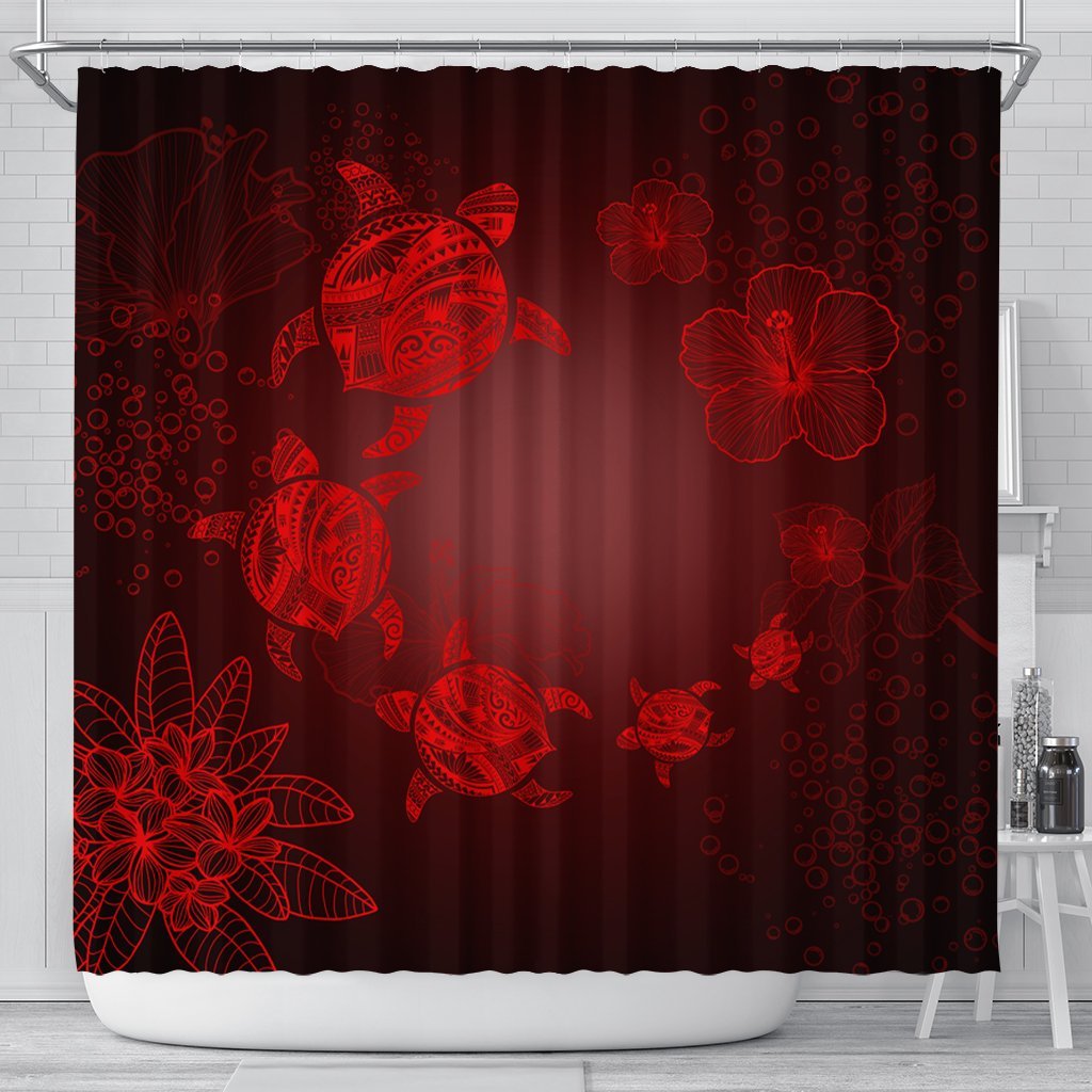 Hawaiian Plumeria Hibiscus Turtle Under Sea Polynesian Shower Curtain Red AH 177 x 172 (cm) Black - Polynesian Pride