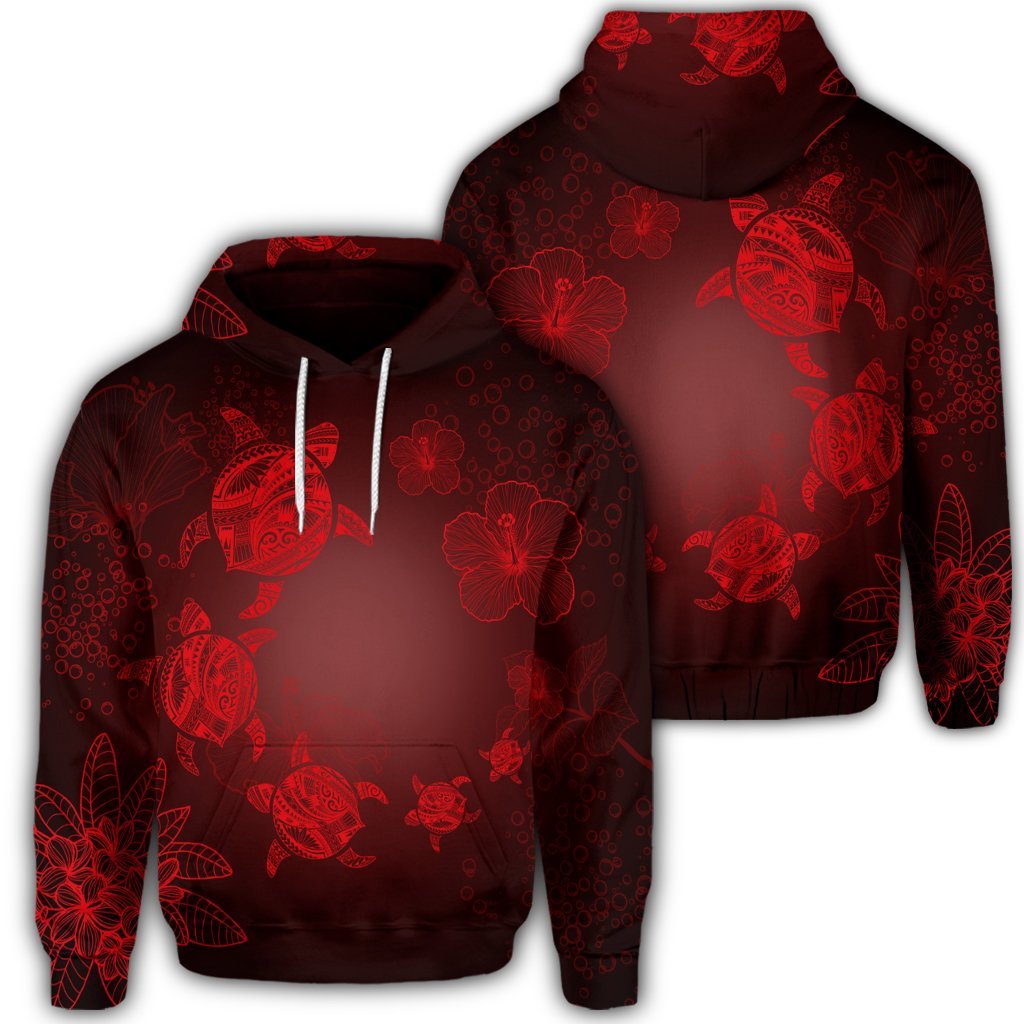 Hawaiian Plumeria Hibiscus Turtle Under Sea Polynesian Hoodie Red Unisex Art - Polynesian Pride