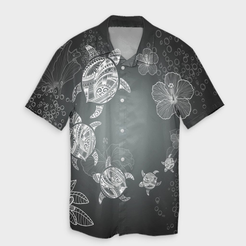 Hawaiian Plumeria Hibiscus Turtle Under Sea Polynesian Hawaiian Shirt White AH Unisex Black - Polynesian Pride