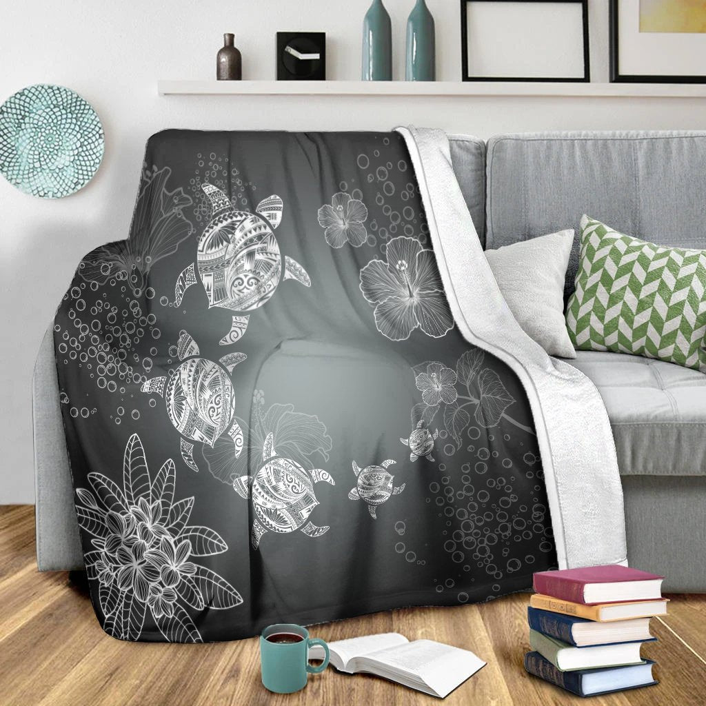 Hawaiian Plumeria Hibiscus Turtle Under Sea Polynesian Premium Blankets White AH - Polynesian Pride