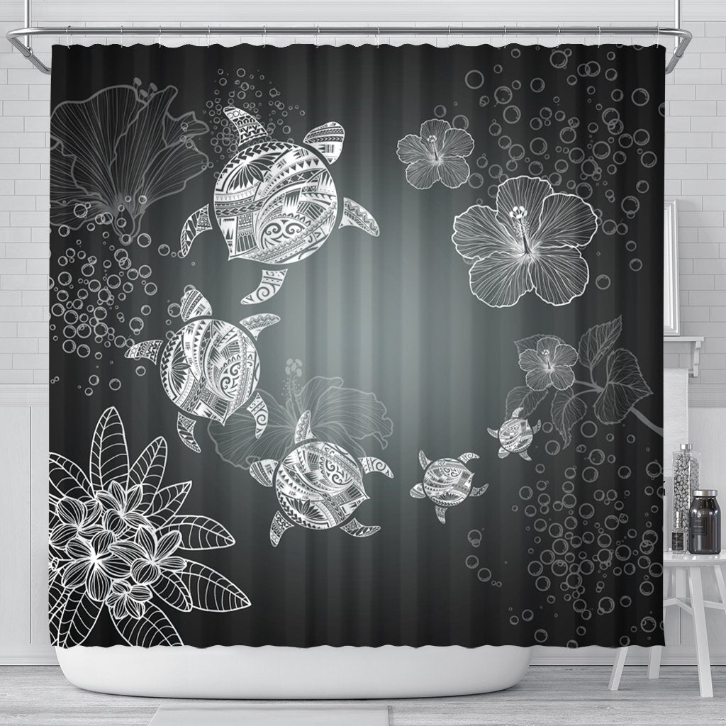 Hawaiian Plumeria Hibiscus Turtle Under Sea Polynesian Shower Curtain White AH 177 x 172 (cm) Black - Polynesian Pride