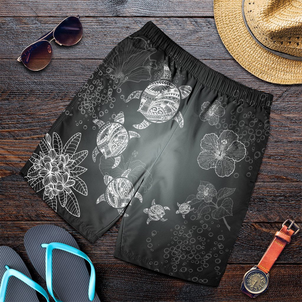 Hawaiian Plumeria Hibiscus Turtle Under Sea Polynesian Men's Shorts White AH Art - Polynesian Pride