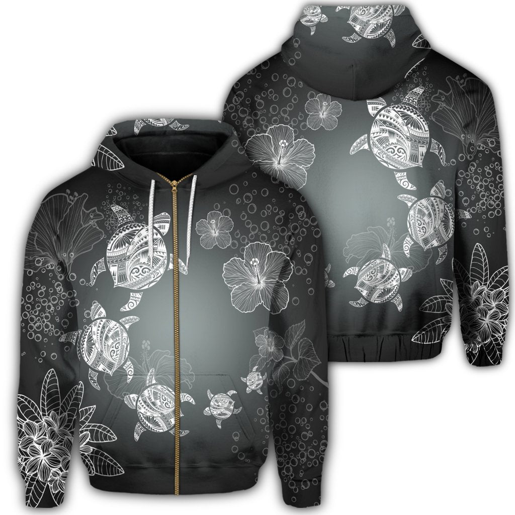 Hawaiian Plumeria Hibiscus Turtle Under Sea Polynesian Zip Hoodie White Unisex Art - Polynesian Pride