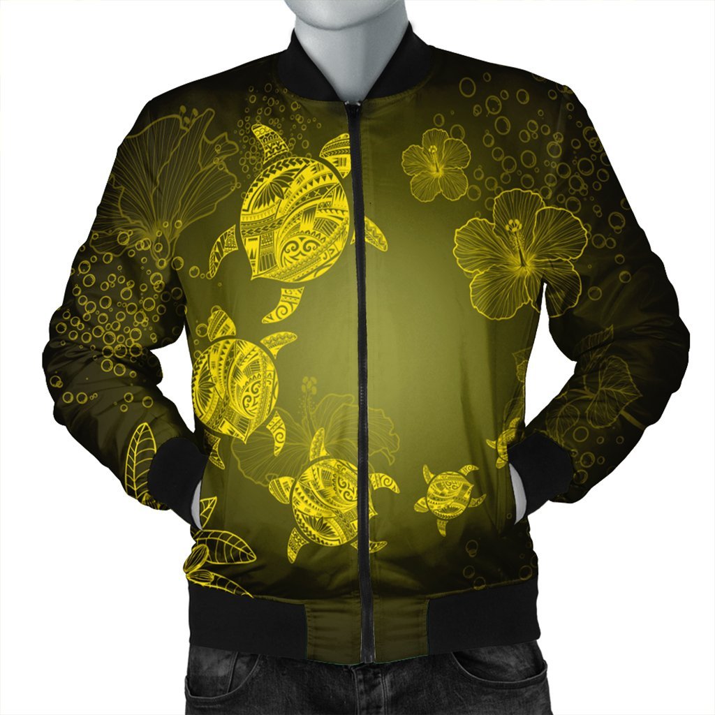 Hawaiian Plumeria Hibiscus Turtle Under Sea Polynesian Bomber Jacket Yellow AH Black Unisex - Polynesian Pride