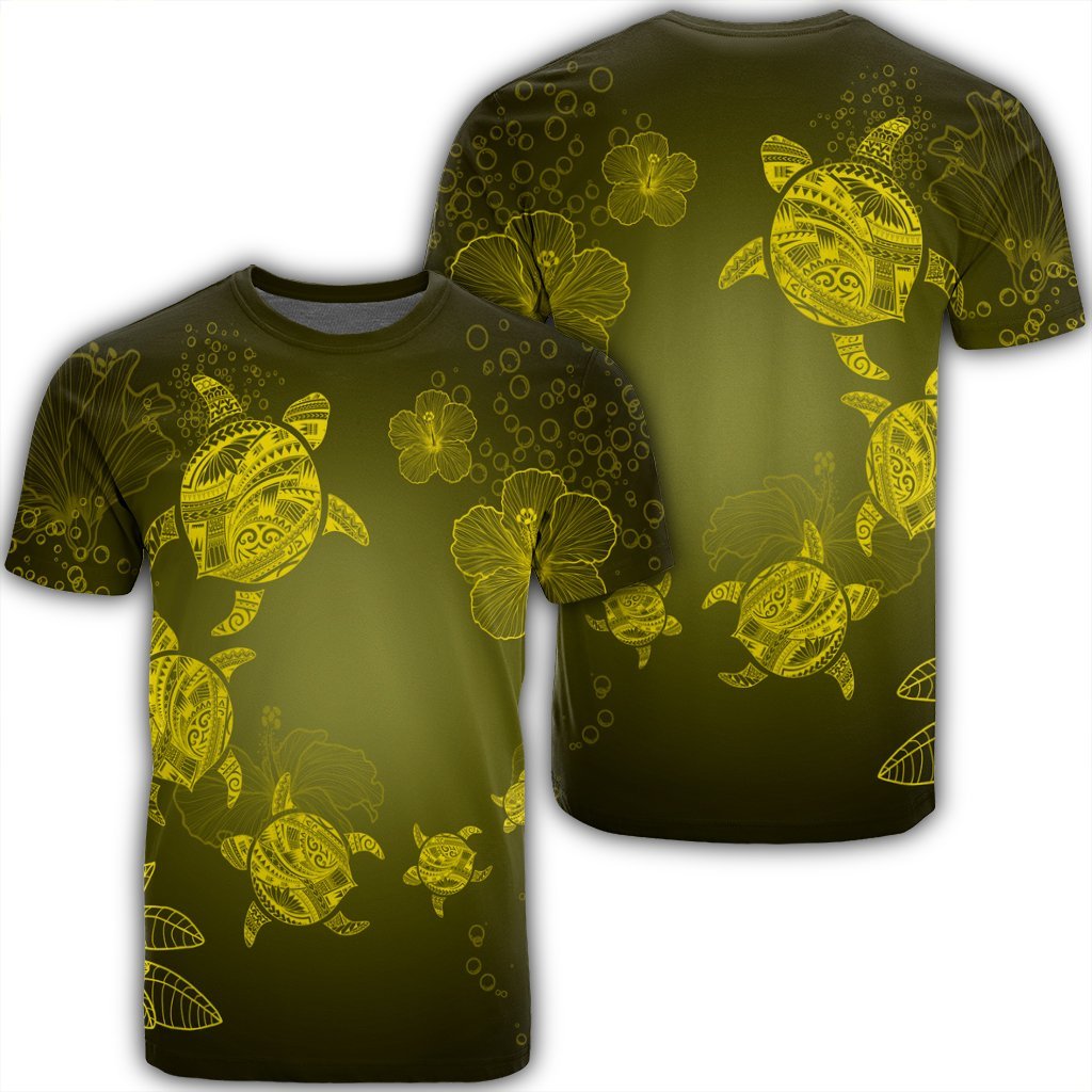 Hawaiian Plumeria Hibiscus Turtle Under Sea Polynesian T Shirt Yellow AH Unisex Black - Polynesian Pride