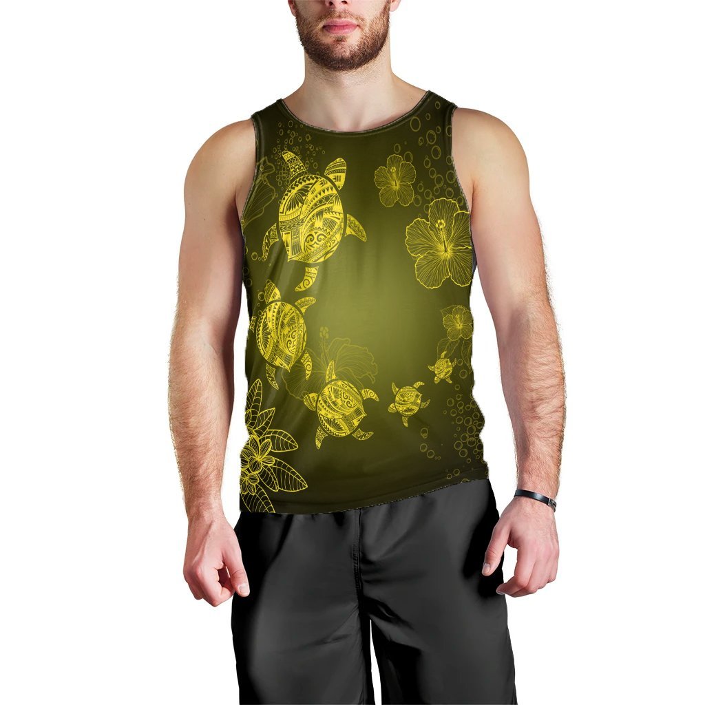 Hawaiian Plumeria Hibiscus Turtle Under Sea Polynesian Tank Top Yellow AH Black - Polynesian Pride