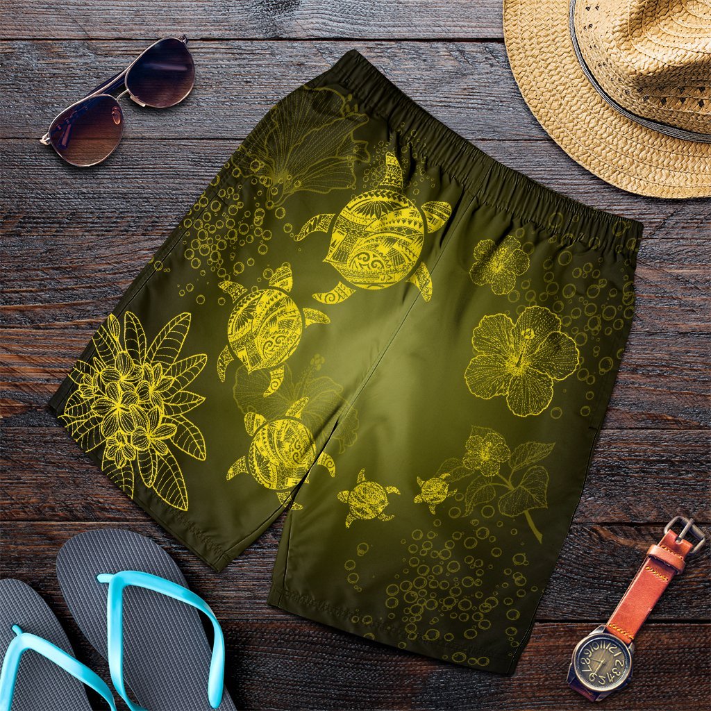 Hawaiian Plumeria Hibiscus Turtle Under Sea Polynesian Men's Shorts Yellow AH Art - Polynesian Pride