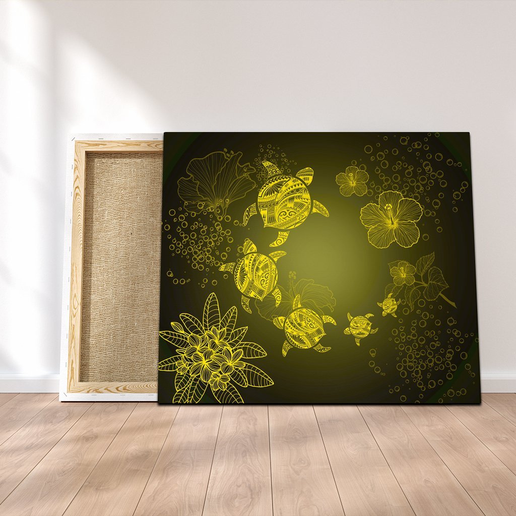 Hawaiian Plumeria Hibiscus Turtle Under Sea Polynesian Canvas Yellow AH Canvas Poly-cotton - Polynesian Pride