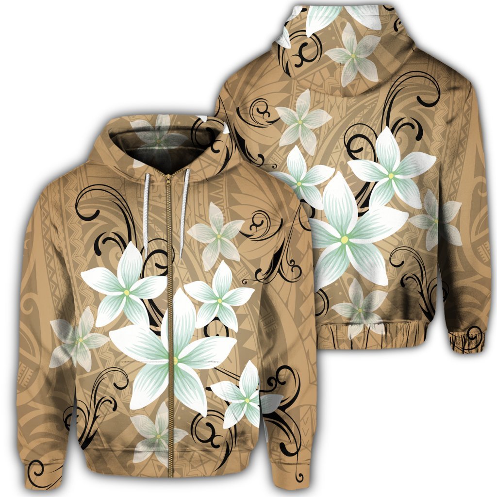 Hawaiian Plumeria Polynesian Zip Hoodie Gold Unisex Art - Polynesian Pride
