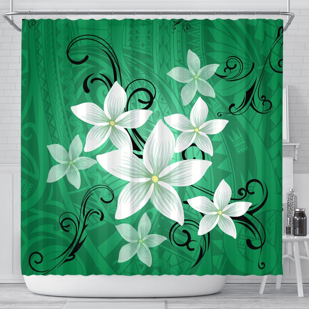 Hawaiian Plumeria Polynesian Shower Curtain - Green - AH 177 x 172 (cm) Black - Polynesian Pride