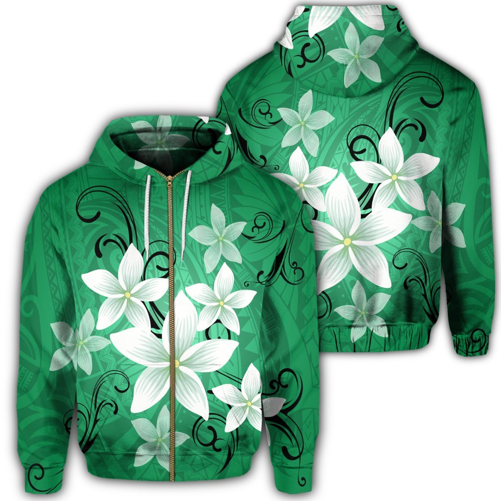 Hawaiian Plumeria Polynesian Zip Hoodie Green Unisex Art - Polynesian Pride