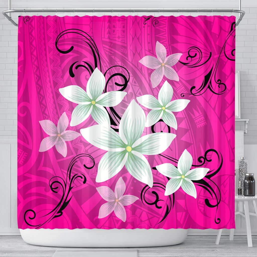 Hawaiian Plumeria Polynesian Shower Curtain - Pink - AH 177 x 172 (cm) Black - Polynesian Pride