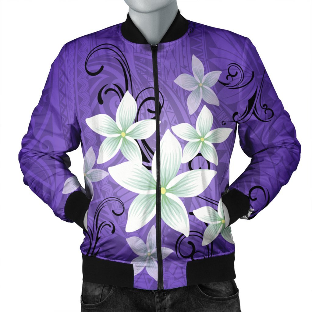 Hawaiian Plumeria Polynesian Bomber Jacket - Purple - AH Black Unisex - Polynesian Pride