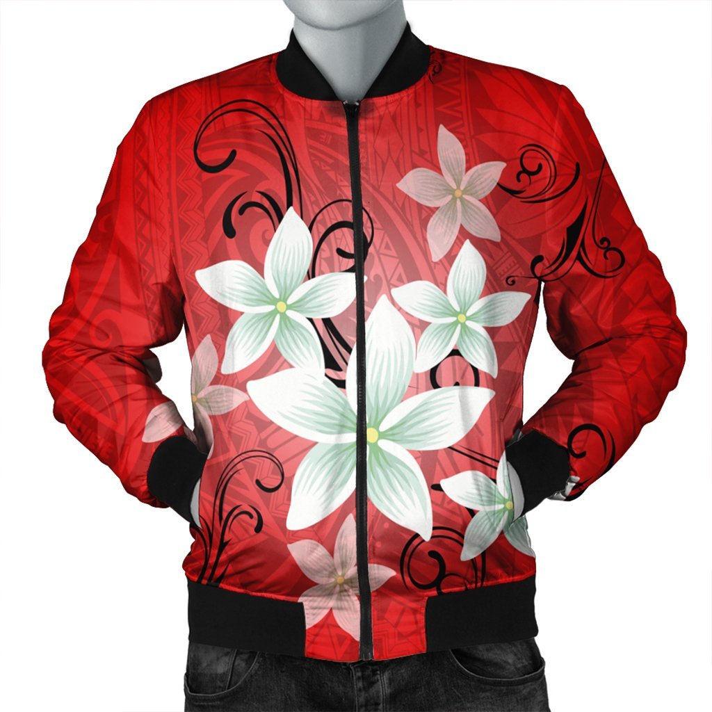 Hawaiian Plumeria Polynesian Bomber Jacket - Red - AH Black Unisex - Polynesian Pride