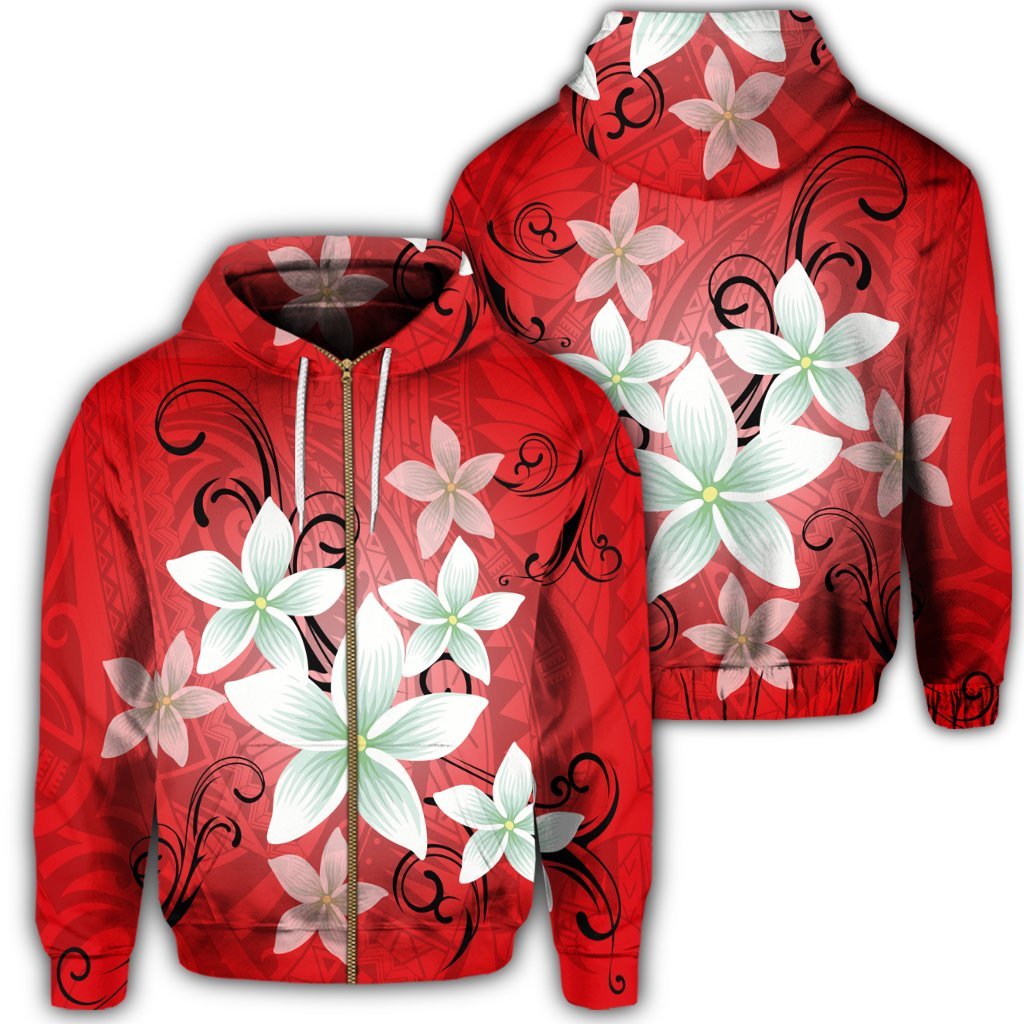Hawaiian Plumeria Polynesian Zip Hoodie Red Unisex Art - Polynesian Pride