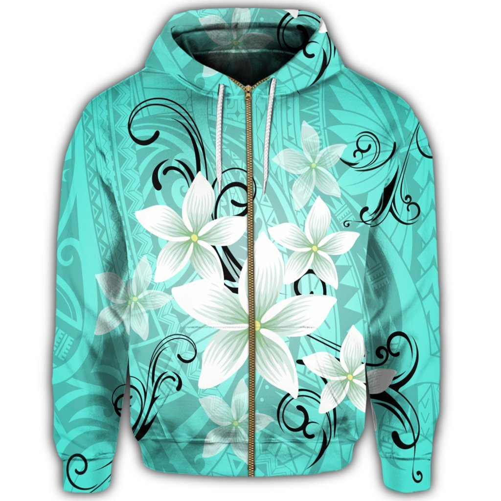 Hawaiian Plumeria Polynesian Zip Hoodie Turquoise - Polynesian Pride