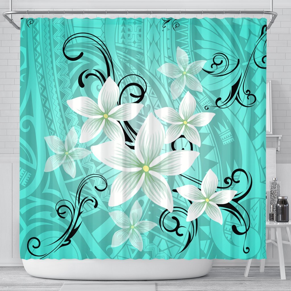 Hawaiian Plumeria Polynesian Shower Curtain - Turquoise - AH 177 x 172 (cm) Black - Polynesian Pride