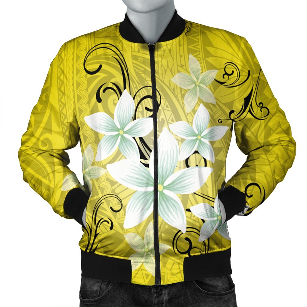 Hawaiian Plumeria Polynesian Bomber Jacket - Yellow - AH Black Unisex - Polynesian Pride