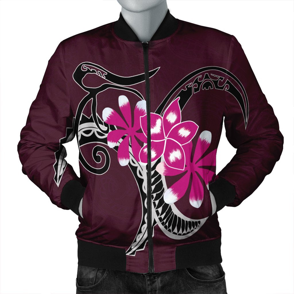 Hawaiian Plumeria Polynesian Pink Bomber Jacket - AH Black Unisex - Polynesian Pride