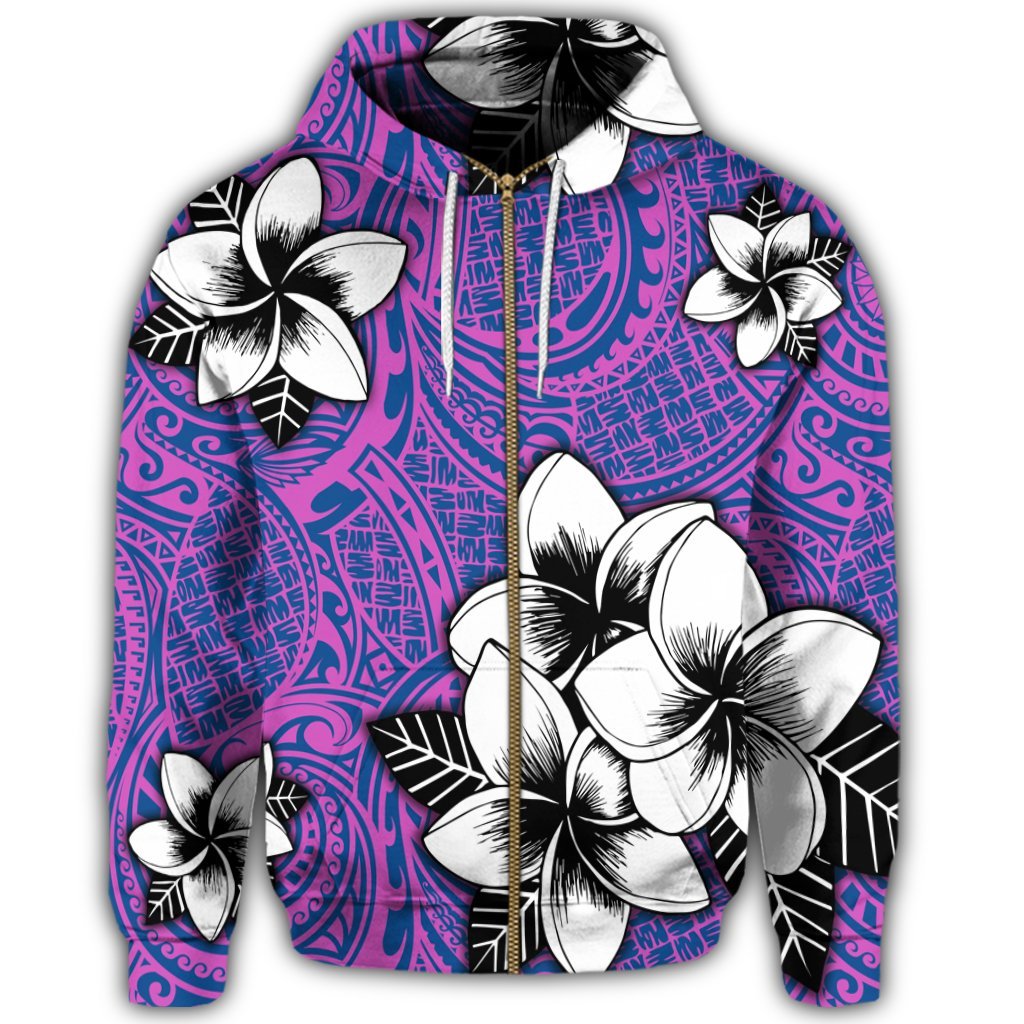 Hawaiian Plumeria Tribal Pink Polynesian Zip Hoodie Blue - Polynesian Pride