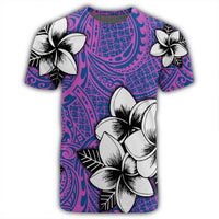 Hawaiian Plumeria Tribal Pink Polynesian T Shirt Blue AH - Polynesian Pride