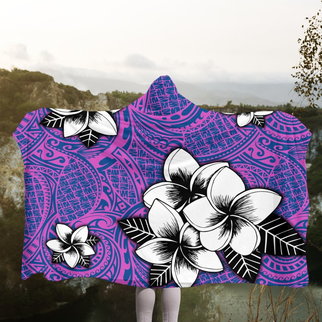 Hawaiian Plumeria Tribal Pink Polynesian Hooded Blanket Blue AH - Polynesian Pride