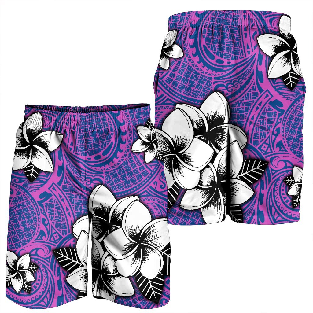 Hawaiian Plumeria Tribal Pink Polynesian Men's Shorts Blue AH - Polynesian Pride